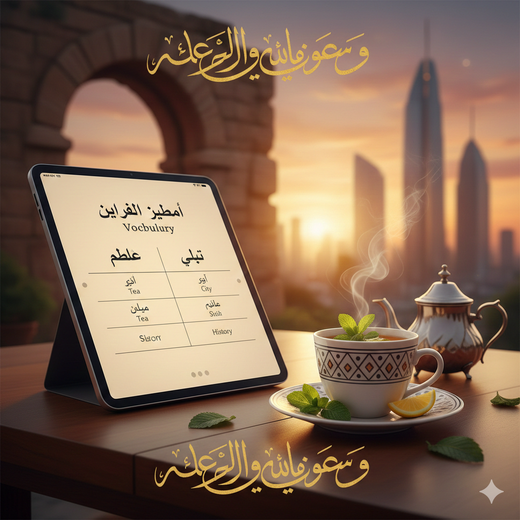 A digital tablet displaying an Arabic vocabulary list on a wooden table next to a steaming cup of mint tea, with a background featuring an ancient stone archway and modern skyscrapers under a warm sunset sky.