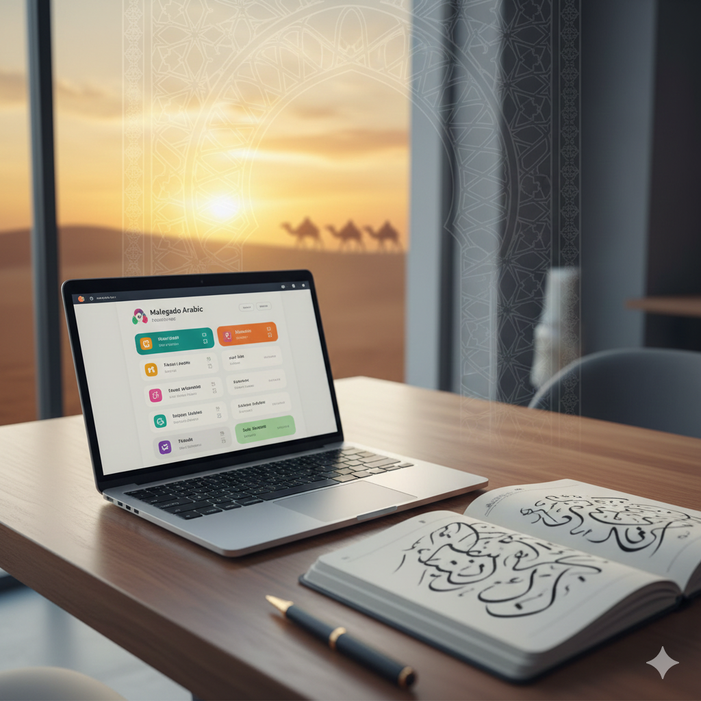 A vibrant blog header featuring a digital tablet displaying an Arabic vocabulary list on a wooden table. Beside it sits a steaming cup of traditional mint tea with a lemon slice. The background artistically blends an ancient stone archway with modern skyscrapers under a warm sunset, accented by elegant gold Arabic calligraphy.