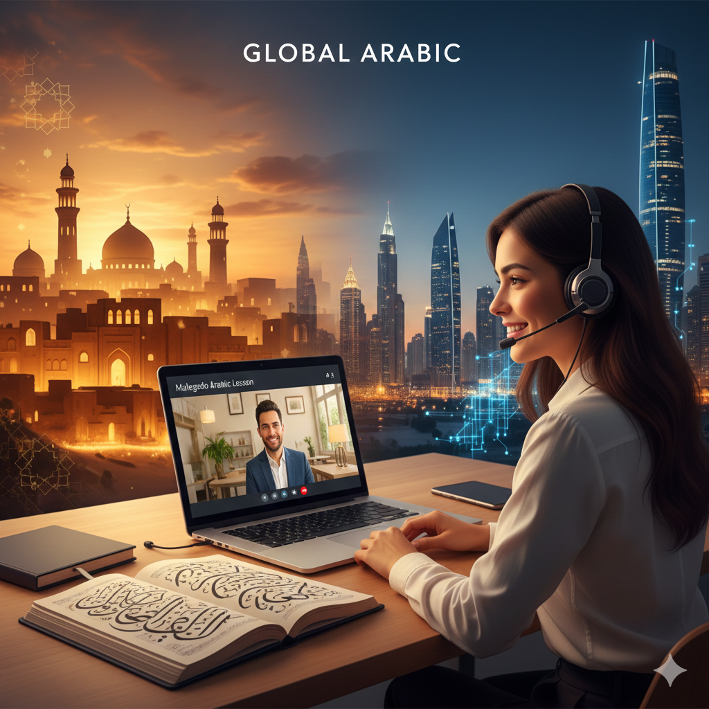 A vibrant blog header illustration showing a sleek digital tablet with an Arabic vocabulary list on a wooden table. Next to it is a steaming cup of mint tea with a lemon slice. The background features a soft-focus blend of an ancient stone archway and modern skyscrapers under a warm sunset sky, decorated with elegant gold Arabic calligraphy.