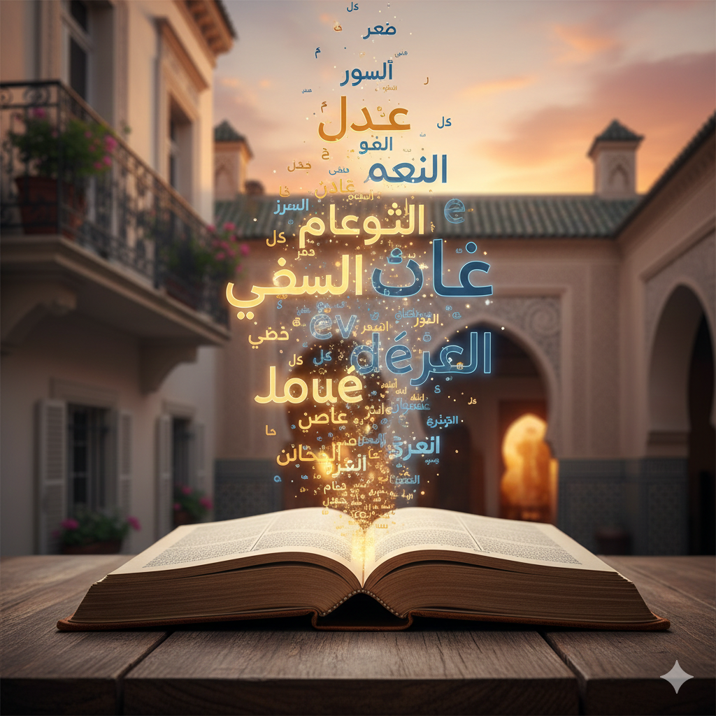 A vibrant blog header illustration featuring a digital tablet on a wooden table, displaying an Arabic vocabulary list with English translations. Next to the tablet is a steaming cup of mint tea with a lemon slice and fresh mint leaves. The background shows a soft-focus blend of an ancient stone archway and modern skyscrapers under a warm sunset sky, framed by elegant gold Arabic calligraphy at the top and bottom.