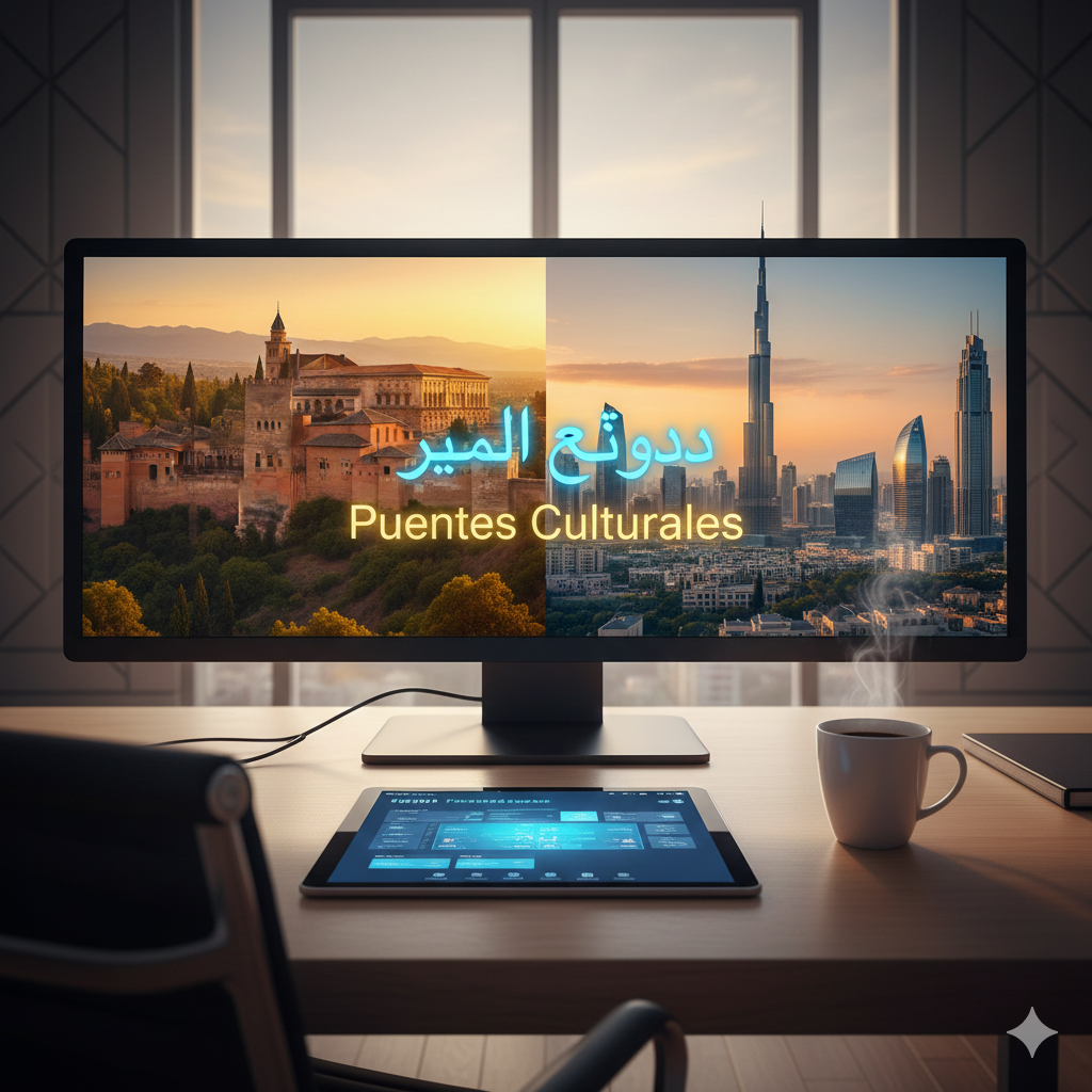 A vibrant blog header illustration featuring a digital tablet on a wooden table, displaying an Arabic vocabulary list with English translations. Beside the tablet is a steaming cup of mint tea garnished with a lemon slice and fresh leaves. The background showcases a soft-focus blend of an ancient stone archway and modern skyscrapers under a warm sunset sky, framed by elegant gold Arabic calligraphy.