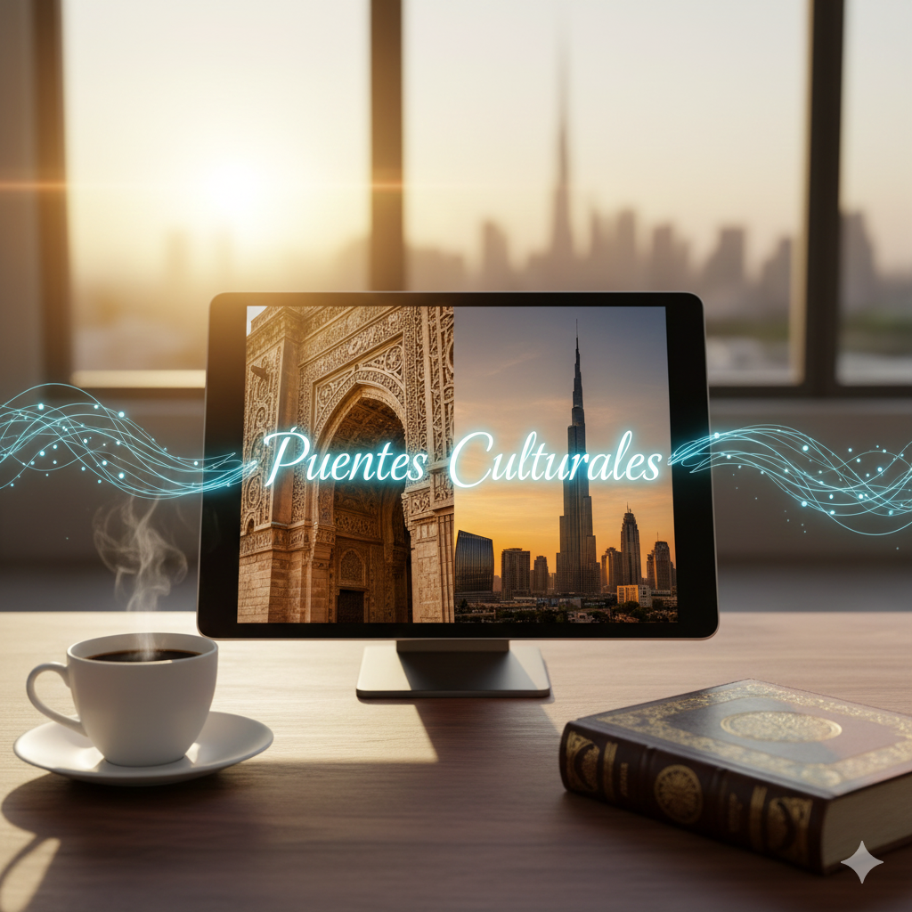 A vibrant, modern blog header illustration (1200×628px) featuring a high-tech workspace. A sleek digital tablet on a wooden desk displays a split-screen view of the intricate architecture of the Alhambra in Spain and the futuristic skyline of Dubai. Glowing Arabic calligraphy flows from the screen, gracefully transforming into elegant Spanish text. In the foreground, a warm cup of coffee and a classic leather-bound dictionary rest under soft, golden hour sunlight, creating a sophisticated and culturally rich atmosphere.