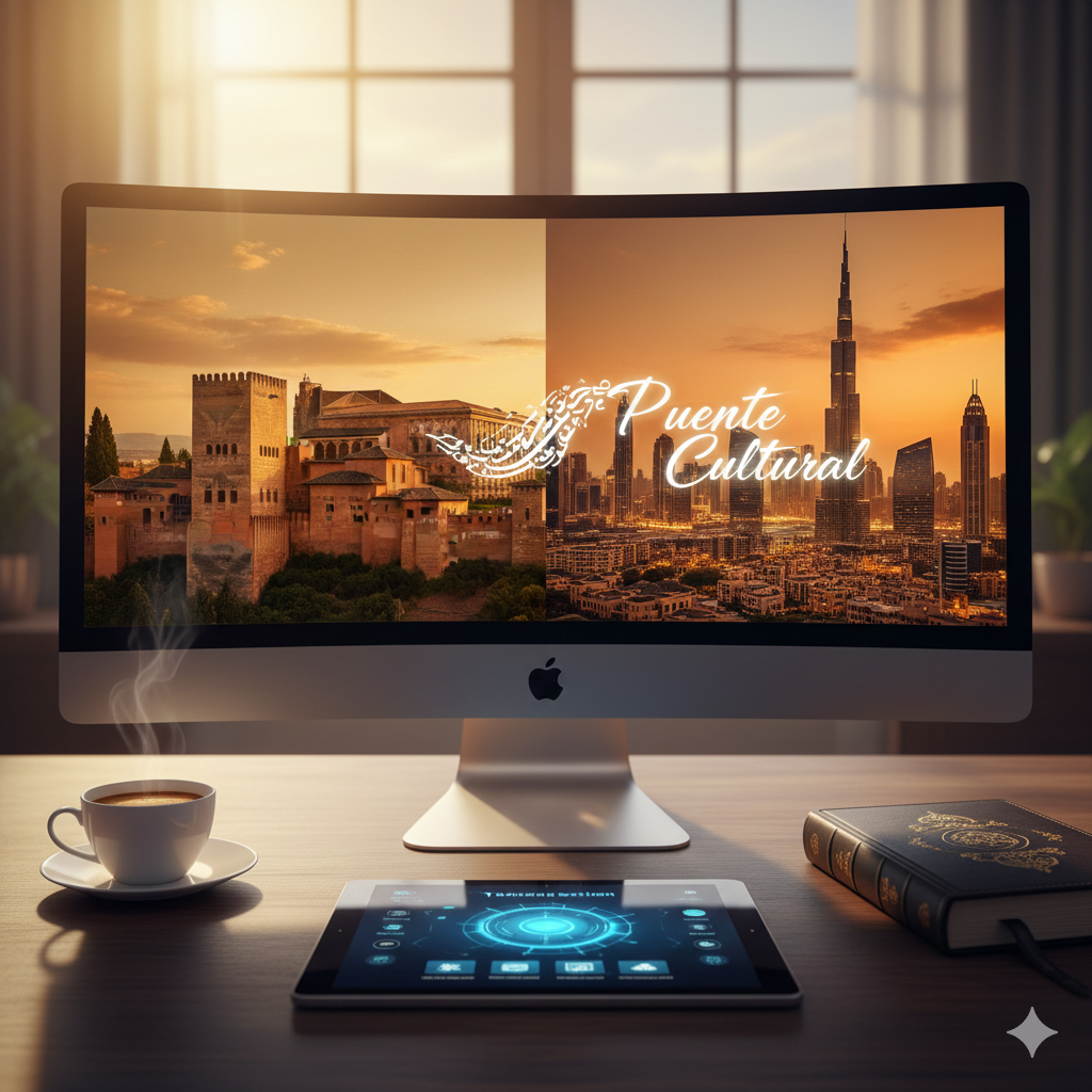 A vibrant blog header illustration featuring a digital tablet on a wooden table, displaying an Arabic vocabulary list with English translations. Beside the tablet is a steaming cup of mint tea garnished with a lemon slice and fresh leaves. The background showcases a soft-focus blend of an ancient stone archway and modern skyscrapers under a warm sunset sky, framed by elegant gold Arabic calligraphy.