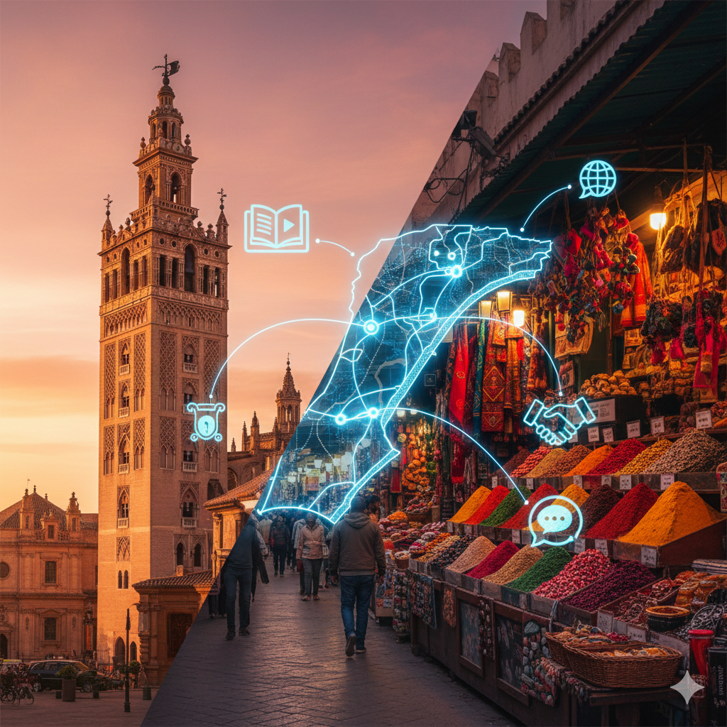 A vibrant blog header illustration (1200×628px) depicting a digital tablet on a wooden surface showing an Arabic vocabulary list. A cup of steaming mint tea with lemon and fresh mint leaves sits beside it. The background features a soft-focus landscape blending a traditional stone archway with a modern city skyline under a warm, golden sunset, accented by ornate gold calligraphy.