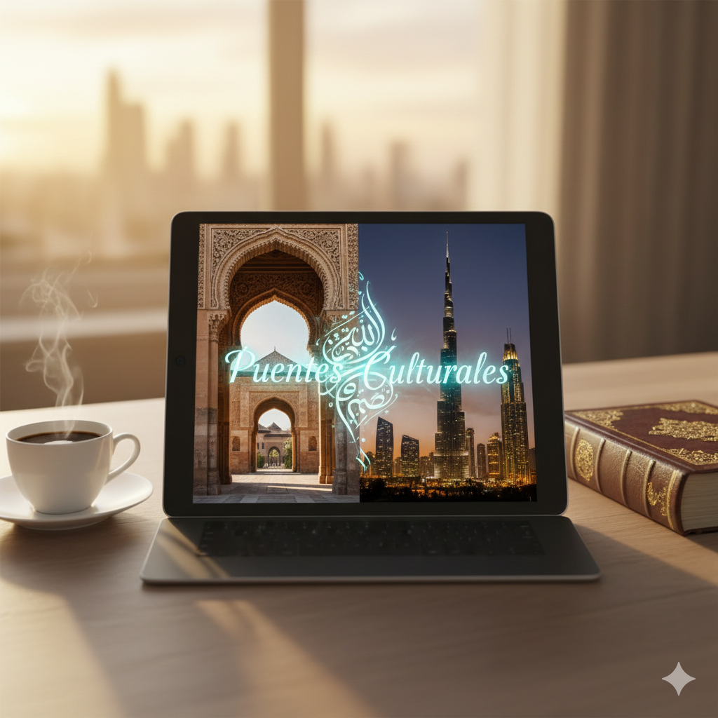 A vibrant blog header illustration (1200×628px) depicting a digital tablet on a wooden surface showing an Arabic vocabulary list with English translations. A cup of steaming mint tea with lemon and fresh mint leaves sits beside it. The background features a soft-focus landscape blending a traditional stone archway with a modern city skyline under a warm, golden sunset, accented by ornate gold calligraphy.