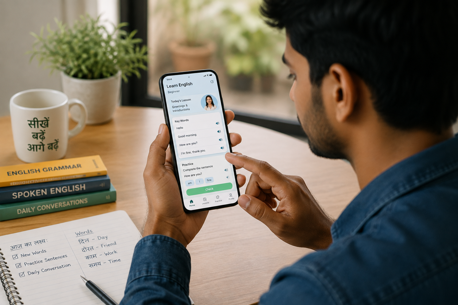 Smartphone displaying an English learning app screen — best English learning app 2026