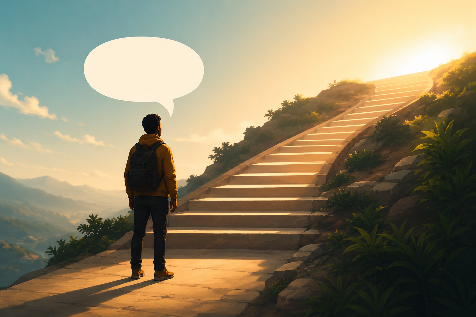 Illustration direction: someone at the very start of a path or first step of a staircase, with a simple speech bubble — suggesting "day one" rather than any specific method or app. No baked-in text.