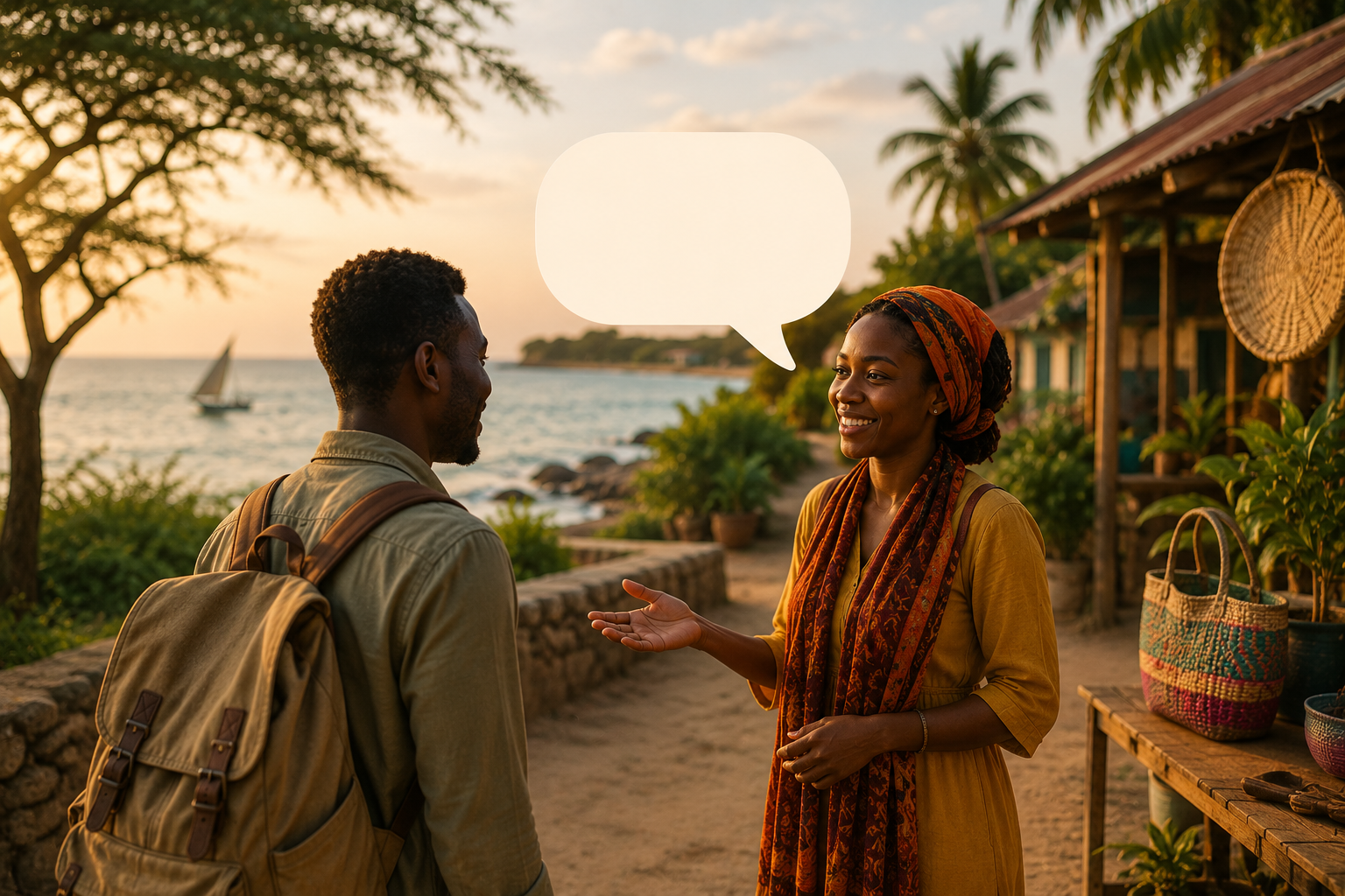 Illustration direction: a warm, general East African-inspired scene (coastal or savanna-adjacent imagery, not tied to one specific country) with a speech bubble — avoid generic stock clichés or flags; keep it welcoming rather than touristy. No baked-in text.