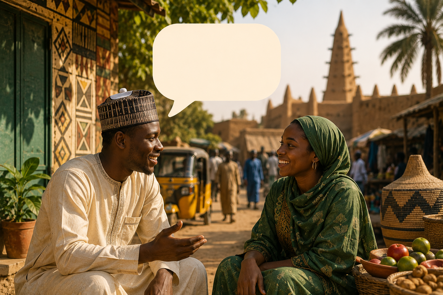 Illustration direction: a warm, northern Nigeria/Sahel-inspired scene (market or community setting, visually distinct from the Yoruba and Igbo pages) with a speech bubble.