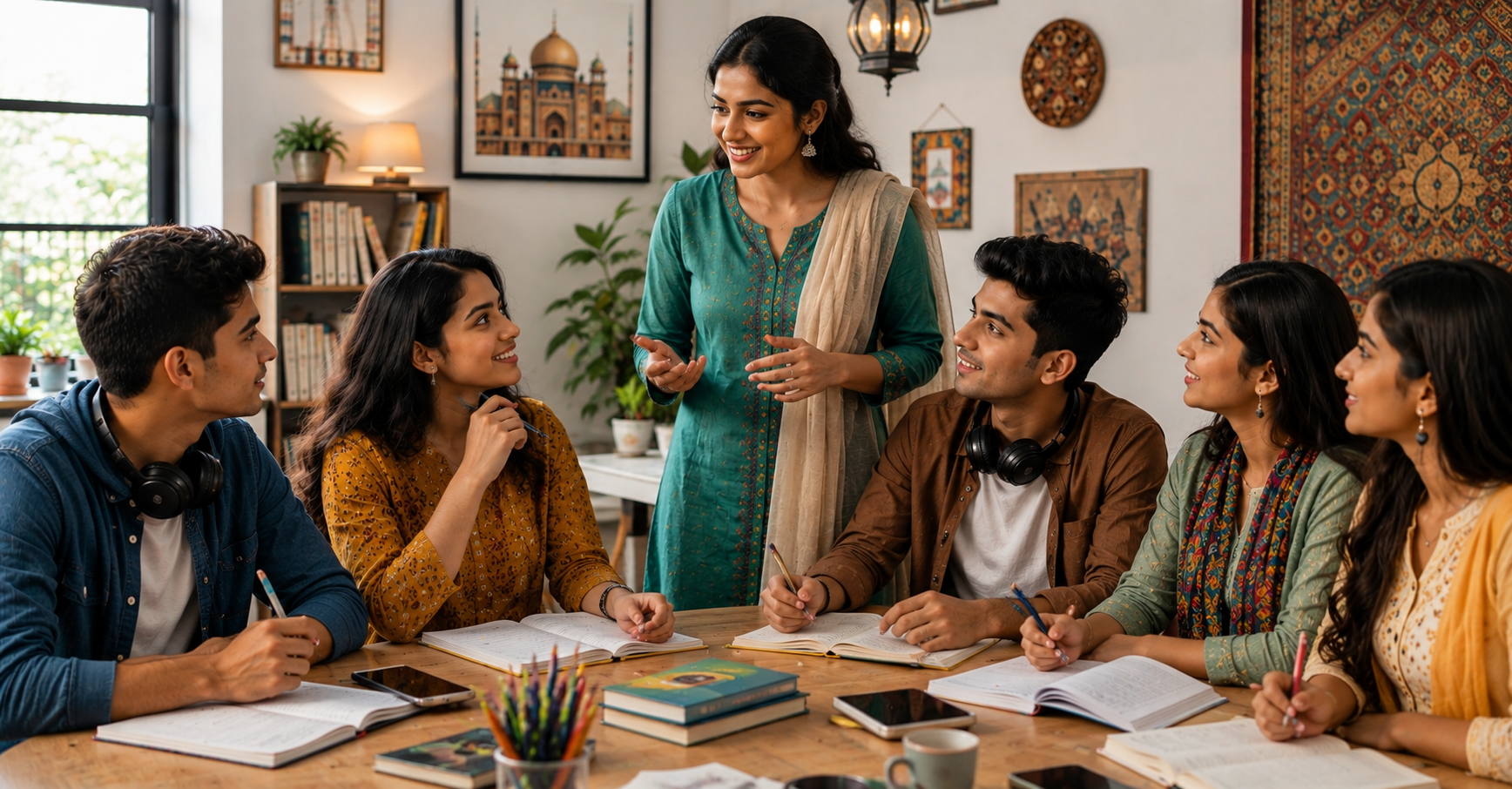 Young Hindi and Urdu speaking students practicing simple English sentences together in a modern classroom with a confident and friendly learning atmosphere