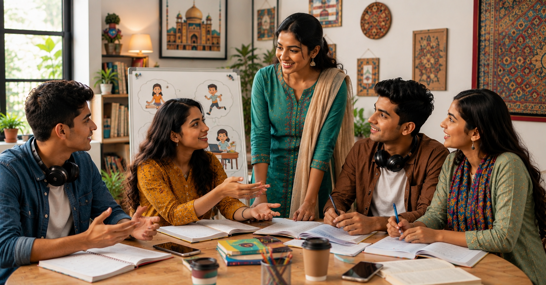 Young Hindi and Urdu speaking students discussing their daily activities in English in a modern and friendly learning environment