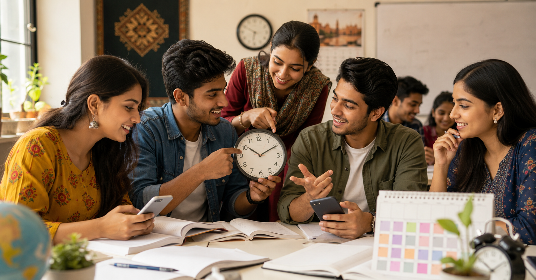Young Hindi and Urdu speaking students learning English numbers, clocks, calendars, and days of the week together in a modern educational environment