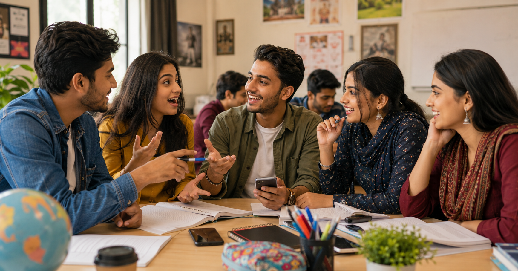 Young Hindi and Urdu speaking students discussing their likes, hobbies, and daily needs together in a modern educational environment